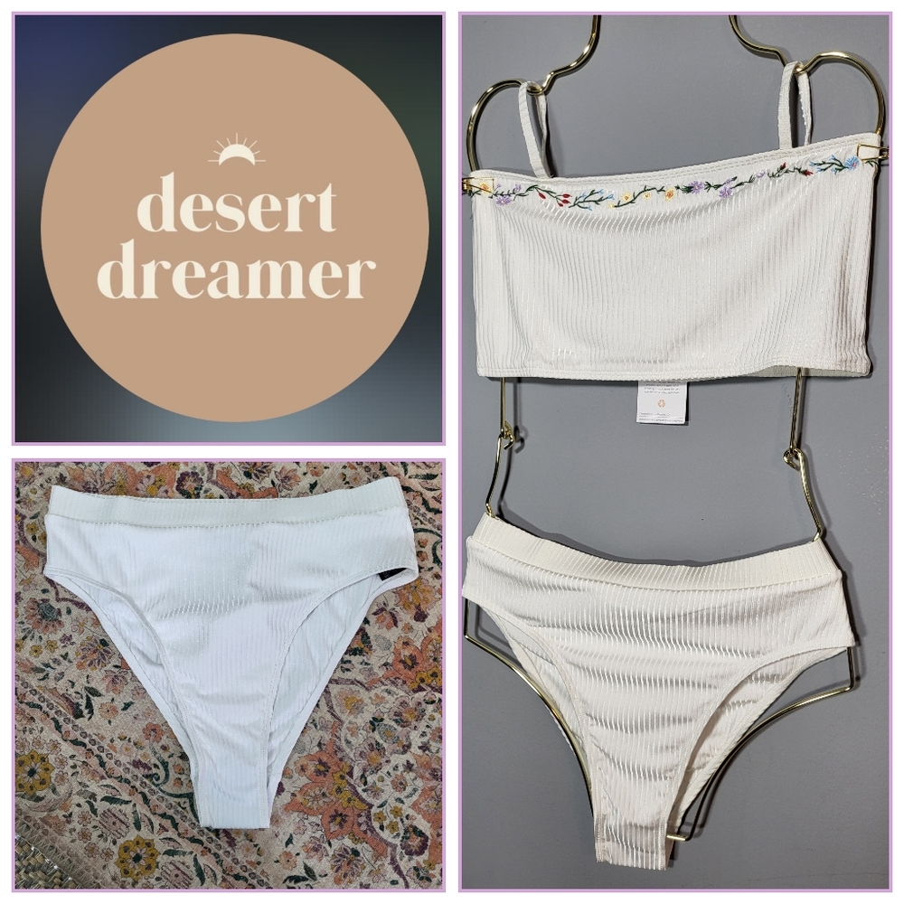 UO x DESERT DREAMER Laguna White Ribbed Bikini Bottom Size Large